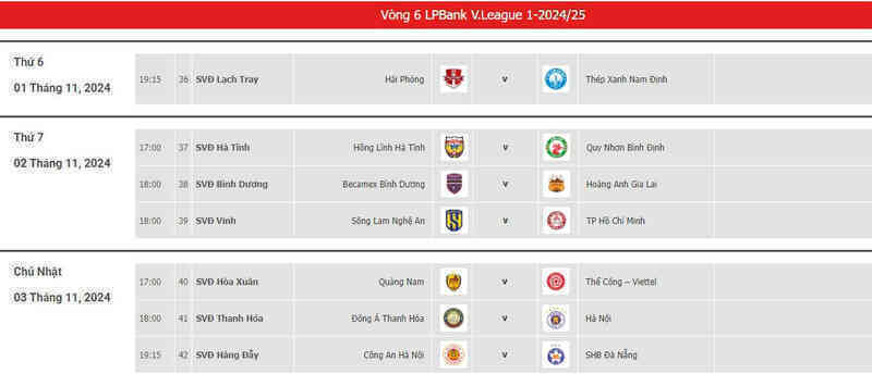 Lịch thi đấu vòng 6 V-League 2024/25 mới nhất