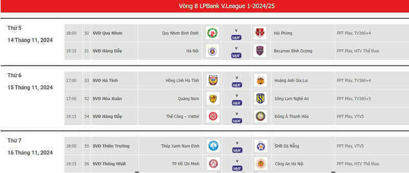 Lịch thi đấu vòng 8 V-League 2024/25 mới nhất