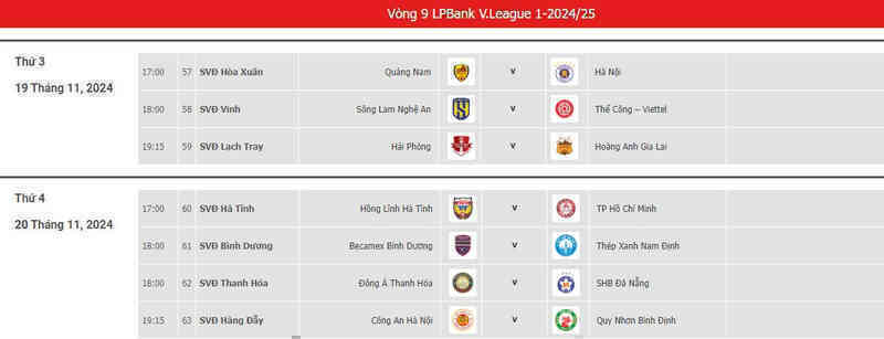 Lịch thi đấu vòng 9 V-League 2024/25 mới nhất