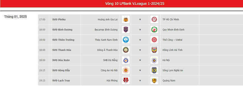 Lịch thi đấu vòng 10 V-League 2024/25 mới nhất