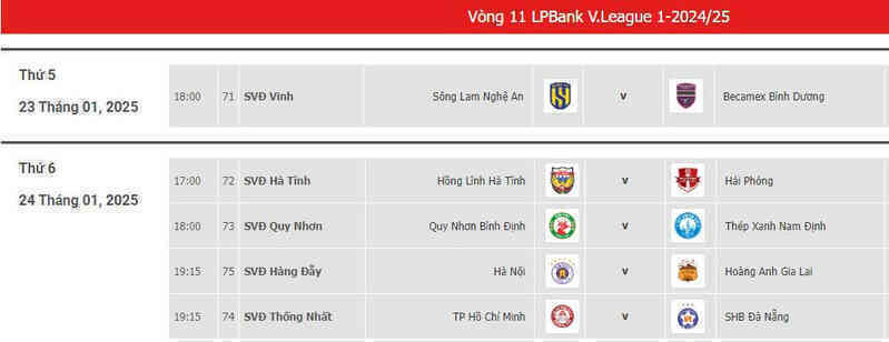 Lịch thi đấu vòng 11 V-League 2024/25 mới nhất