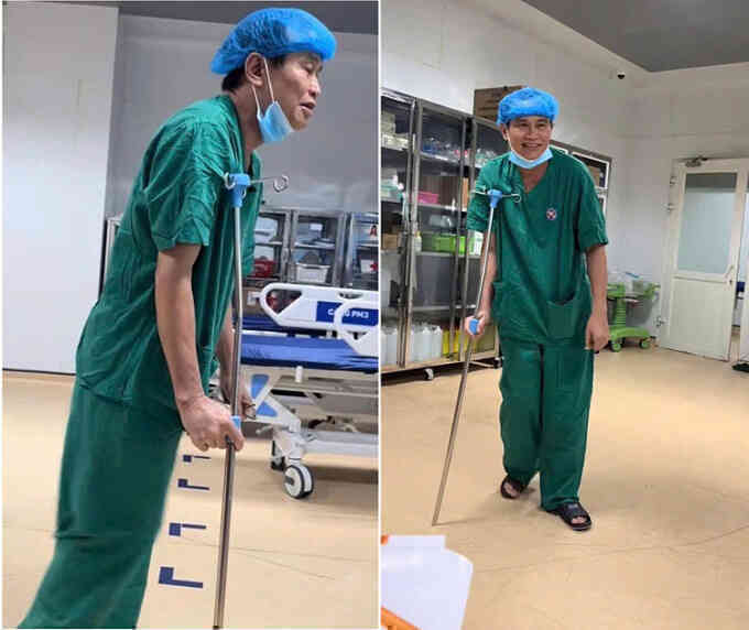 Bác sĩ dùng cây truyền dịch làm nạng sau ca mổ dài 5 tiếng