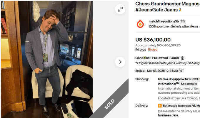 Carlsen bán đấu giá chiếc quần bò bị cấm được 36.100 USD