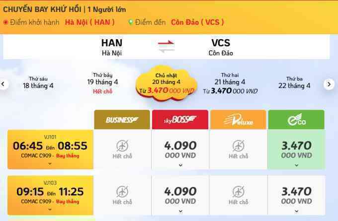 Vé khứ hồi bay thẳng Hà Nội - Côn Đảo gần 9 triệu đồng