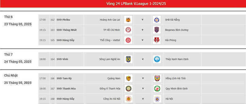 Lịch thi đấu vòng 24 V-League 2024/25 mới nhất