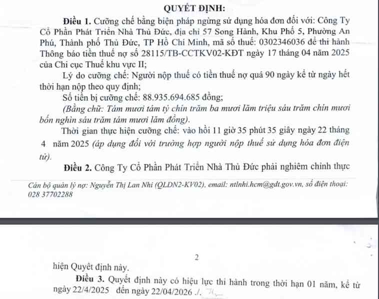Thuduc House nợ thuế gần 89 tỷ đồng, bị cưỡng chế ngừng sử dụng hóa đơn
