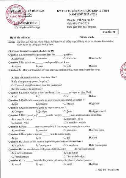 Đáp án chính thức môn tiếng Pháp, Đức, Hàn, Nhật thi vào lớp 10 Hà Nội