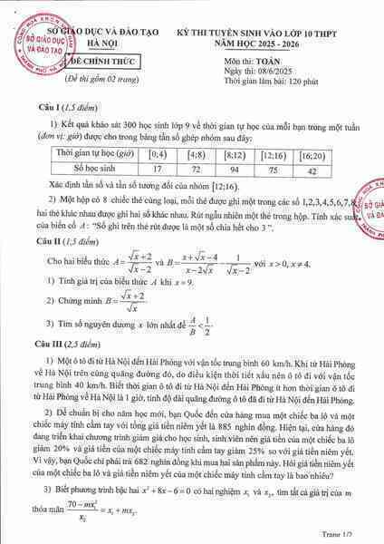 Đáp án chính thức môn toán vào lớp 10 THPT Hà Nội 2025