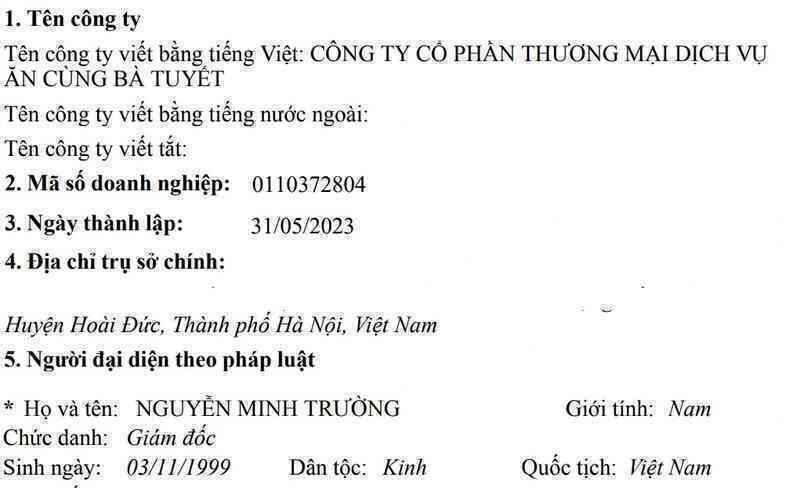 Công ty Ăn Cùng Bà Tuyết thông báo giải thể