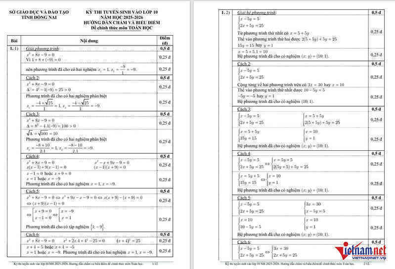Công bố đáp án chính thức môn Toán thi lớp 10 Đồng Nai năm 2025