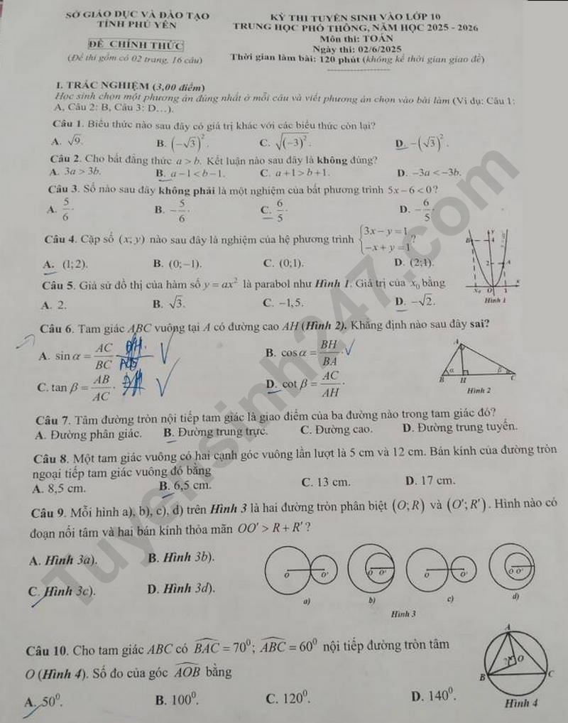 Đề và đáp án 3 môn thi vào lớp 10 tỉnh Phú Yên