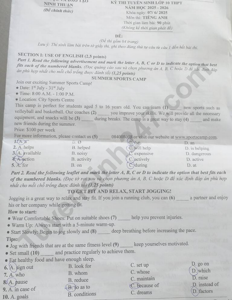 Đề và đáp án các môn thi vào lớp 10 của Ninh Thuận