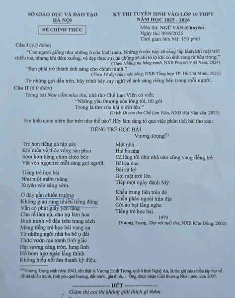 Đề thi Văn chuyên vào lớp 10 ở Hà Nội