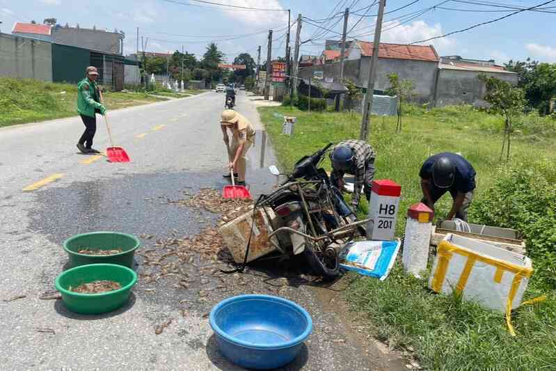 Cảnh sát giao thông giúp người dân thu gom tôm sau tai nạn