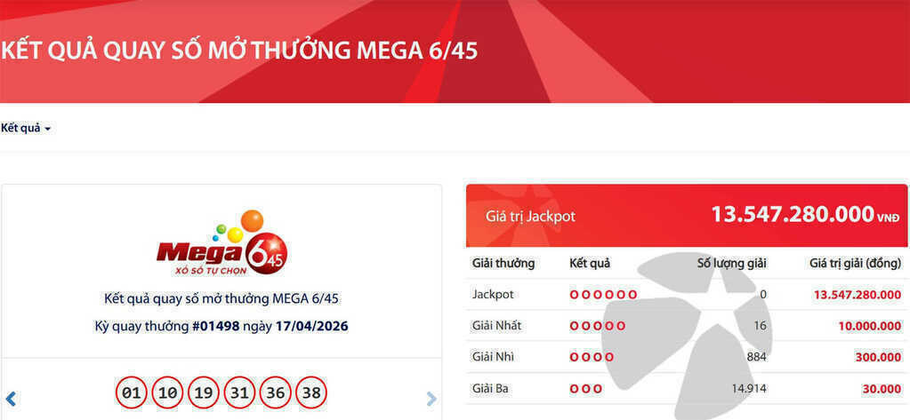 Kết quả Vietlott hôm nay 17/4: Tìm ra 16 vé trúng giải nhất, chứa cặp số 01, 10