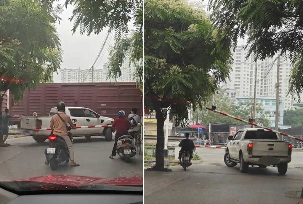 Ô tô mắc kẹt khi cố tình vượt rào chắn đường sắt, suýt bị tàu hỏa đâm