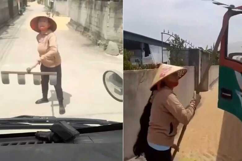 Xôn xao clip người phụ nữ phơi lúa trên đường, chặn đầu xe tấn công tài xế