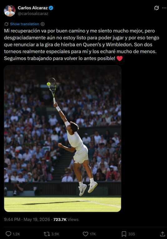Alcaraz không dự Wimbledon 2026