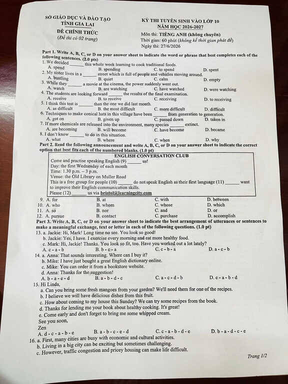 Đề thi và đáp án môn Tiếng Anh tuyển sinh vào lớp 10 tỉnh Gia Lai năm 2026