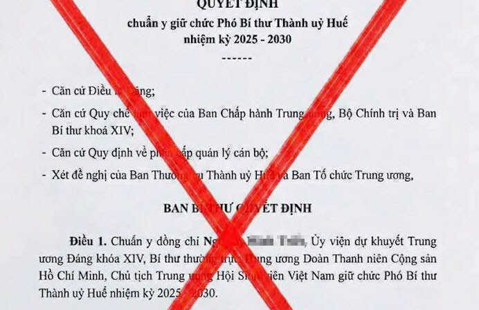 Huế cảnh báo văn bản giả mạo về chuẩn y Phó Bí thư Thành ủy